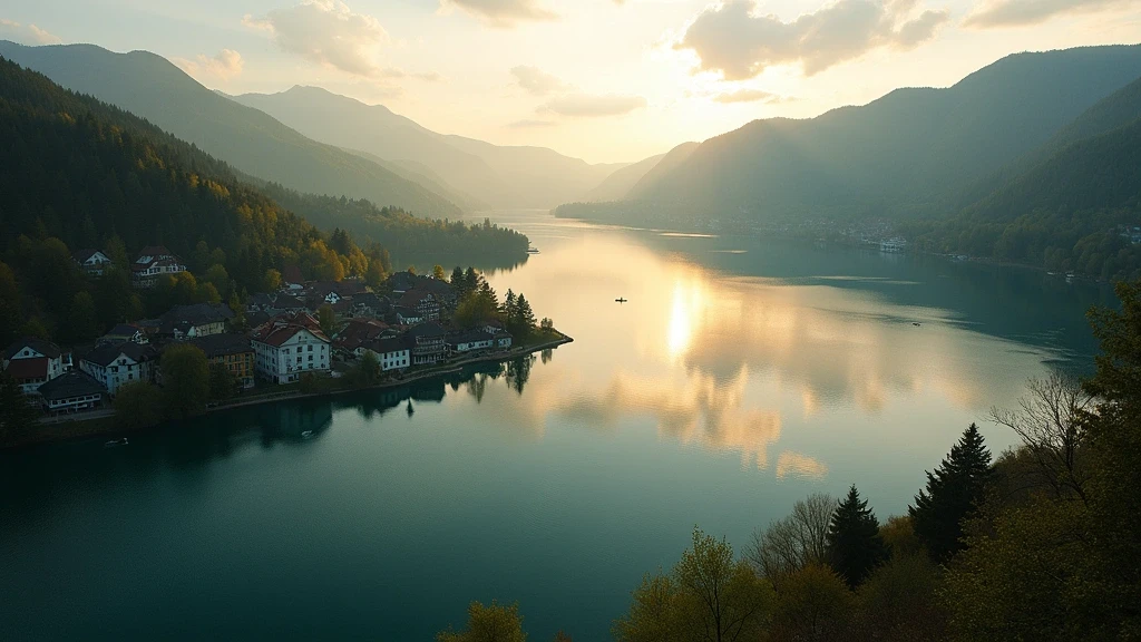 Luftaufnahme des Titisees im Schwarzwald zur goldenen Stunde in Titisee-Neustadt
