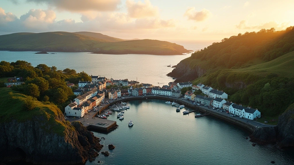 Luftaufnahme der bunten Hafenhaeuser von Tobermory in Schottland zur goldenen Stunde
