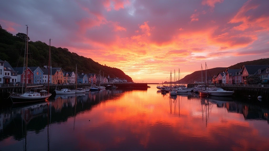 Sonnenuntergang ueber dem Hafen von Tobermory in Schottland mit bunten Haeusern
