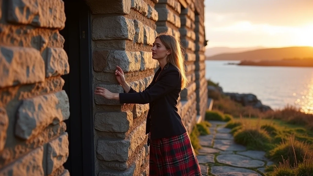 Lokale Fuehrerin erklaert historischen Leuchtturm in Tobermory Schottland