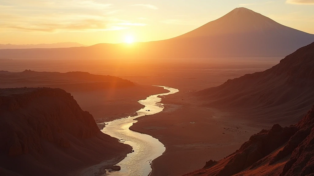 Luftaufnahme der Atacama-Wueste mit Licancabur-Vulkan und Oase in Toconao zur goldenen Stunde