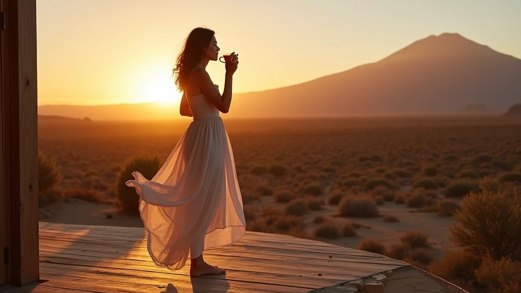 Elegante Frau in Leinenkleid geniesst Sonnenuntergang an Luxus-Lodge in Toconao, Chile