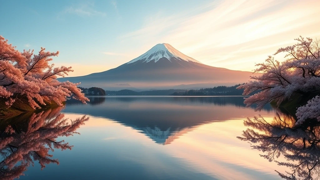 Panoramablick auf Mount Fuji vom Kawaguchiko-See bei Sonnenaufgang
