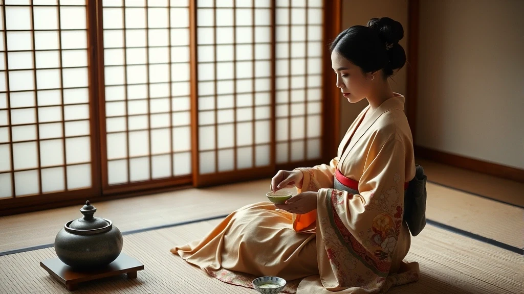 Elegante Frau in Kimono bei traditioneller Teezeremonie in Tokio