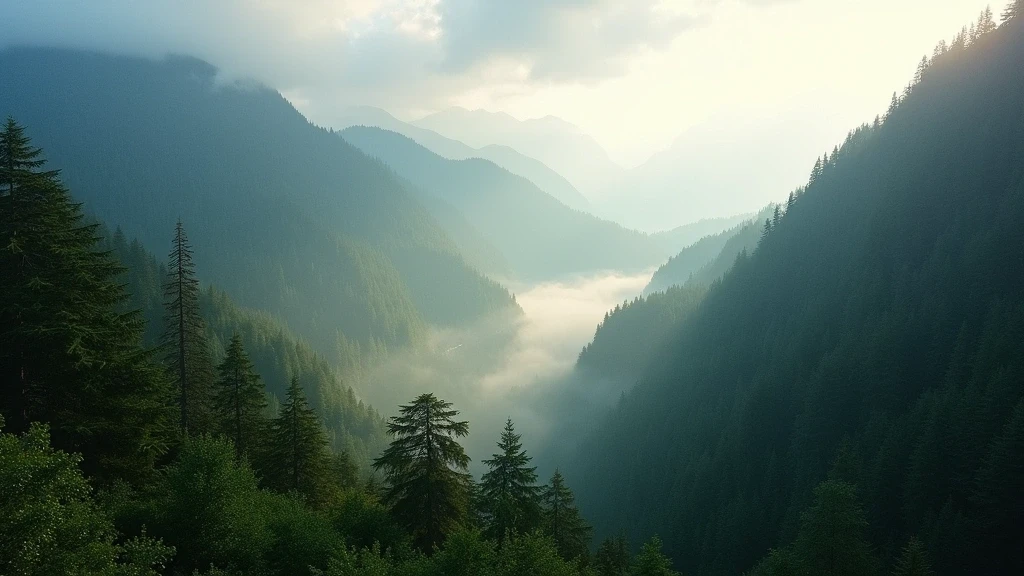 Panoramablick auf das Endicott River Valley im Tongass National Forest mit Morgennebel