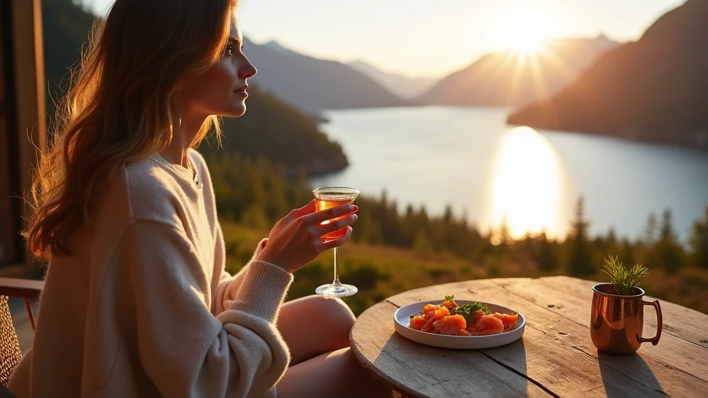 Elegante Frau geniesst lokale Spezialitaeten mit Blick auf Fjord im Tongass National Forest
