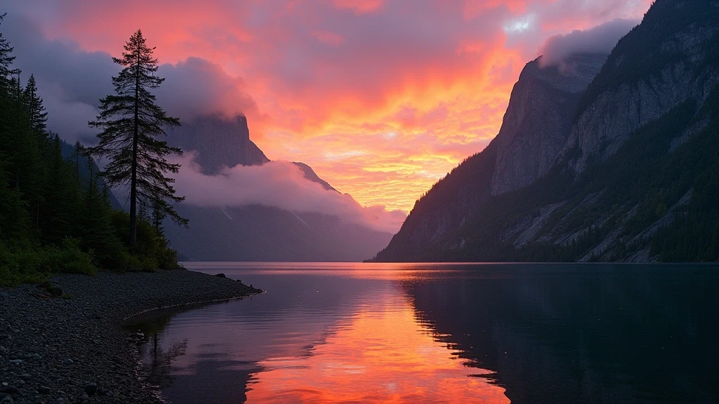Sonnenuntergang ueber den Misty Fjords im Tongass National Forest mit Spiegelungen im Wasser