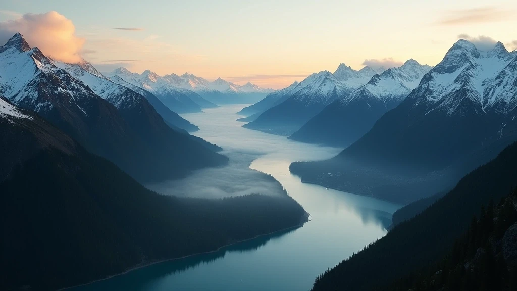 Luftaufnahme der schneebedeckten Berge und Fjorde im Tongass National Forest zur goldenen Stunde