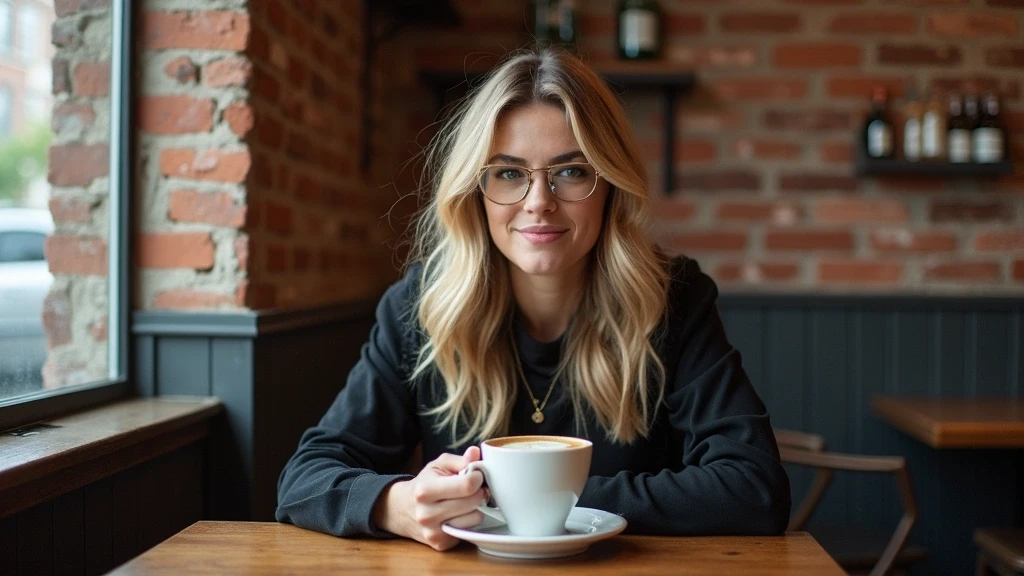 Stylische Reisende geniesst Kaffee im Kensington Market von Toronto