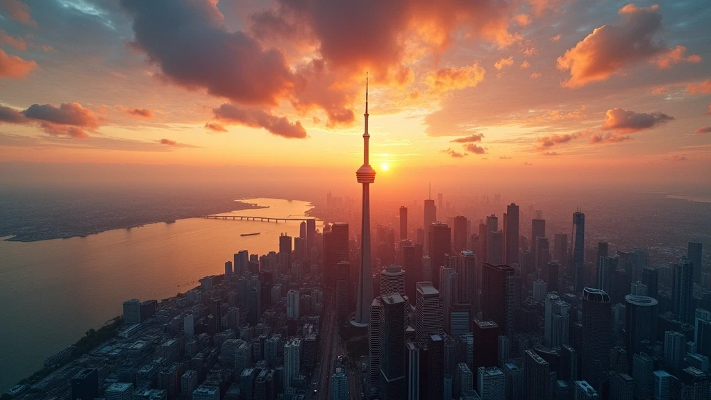 Luftaufnahme der Toronto Skyline mit CN Tower und Lake Ontario zur goldenen Stunde