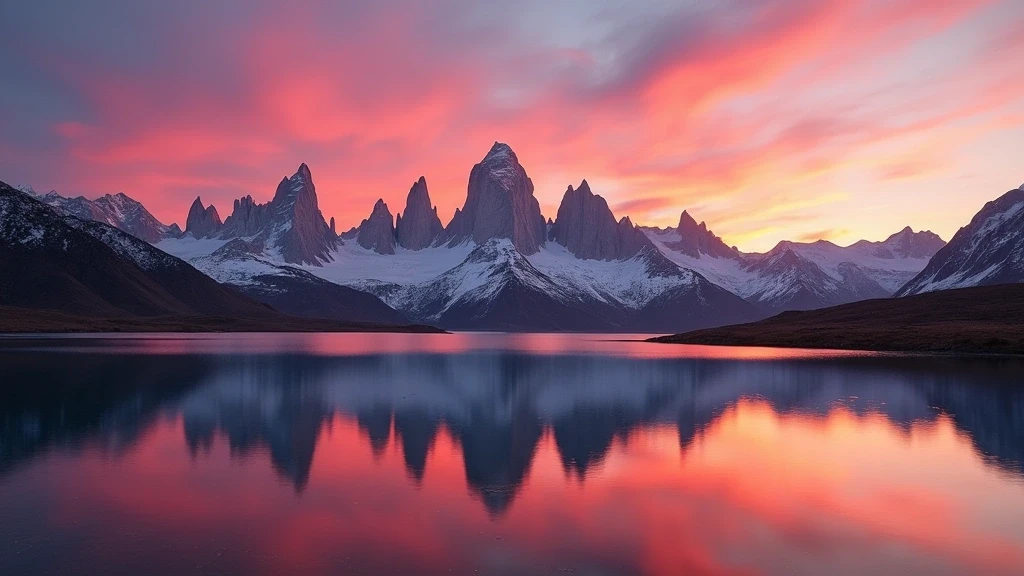 Panorama der Cuernos del Paine spiegelt sich im Lake Pehoe bei Sonnenuntergang in Patagonien