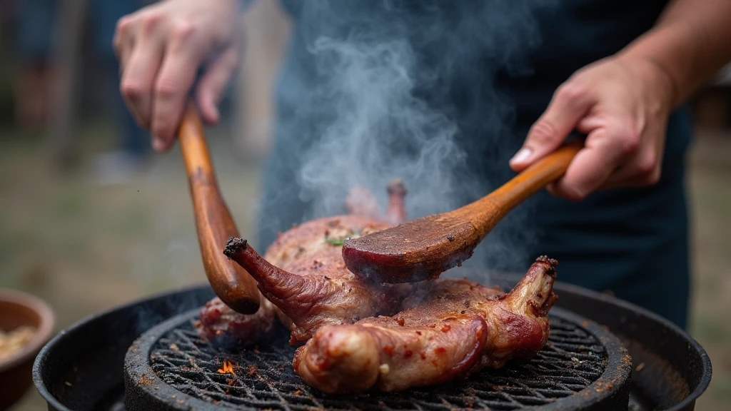 Nahaufnahme der Zubereitung von Patagonischem Lamm-Asado am offenen Feuer in Torres del Paine