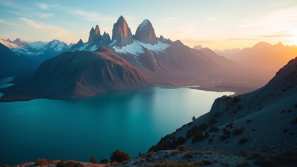 Luftaufnahme der Torres del Paine Granittuerme mit Gletscherseen zur goldenen Stunde in Patagonien
