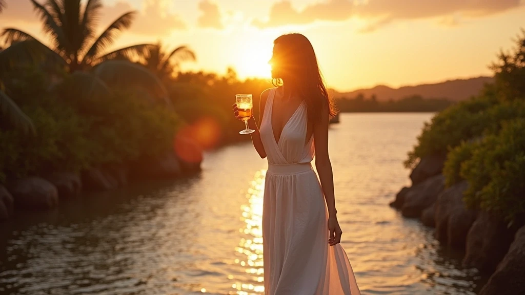 Elegante Frau geniesst Sonnenuntergang-Cocktails im Tortuguero-Dschungel-Resort