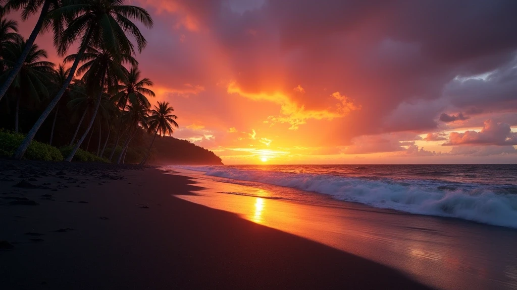 Sonnenuntergang am schwarzen Sandstrand von Tortuguero mit Schildkroeten-Nistplatz