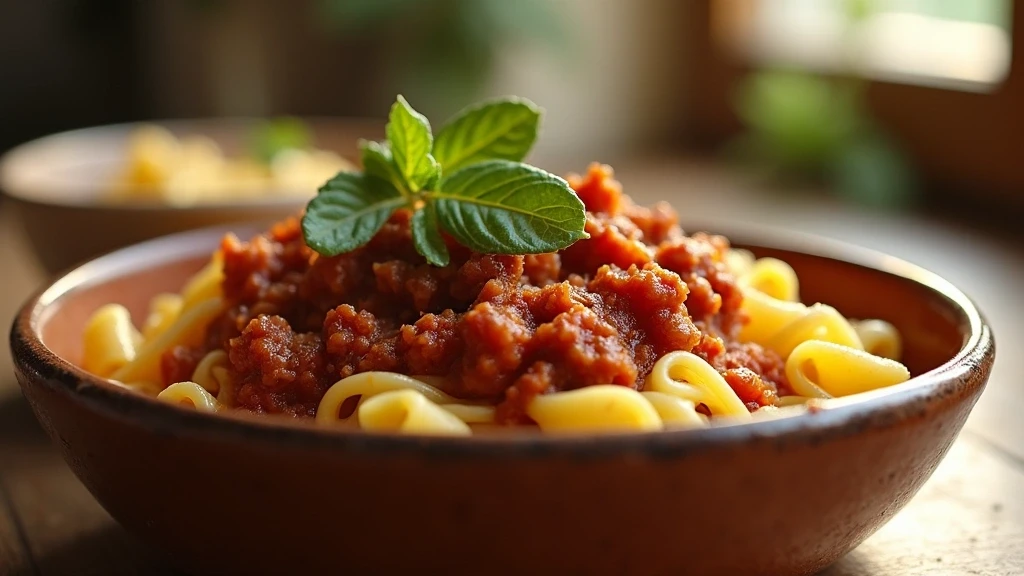 Handgemachte Pici-Pasta mit Wildschwein-Ragout in rustikaler Keramikschale aus der Toskana