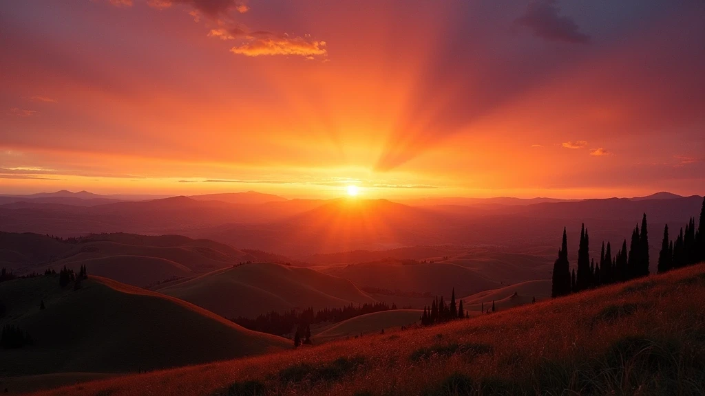 Sonnenuntergang über den Hügeln des Val d'Orcia in der Toskana mit Zypressen-Silhouetten