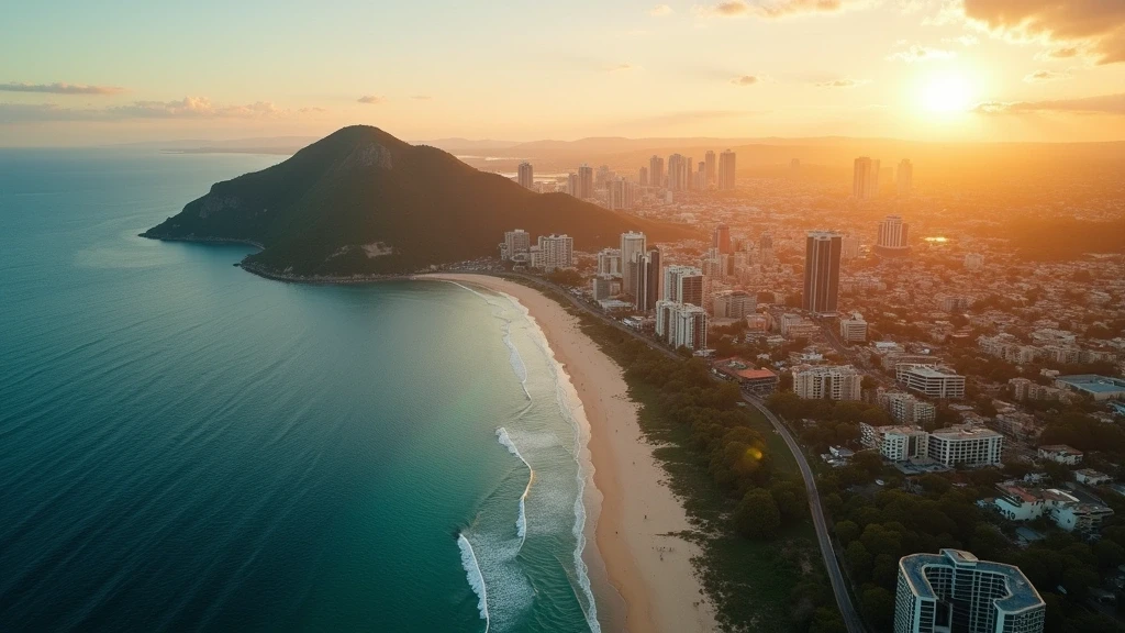 Luftaufnahme von Townsville mit Magnetic Island, Castle Hill und Ross River zur goldenen Stunde