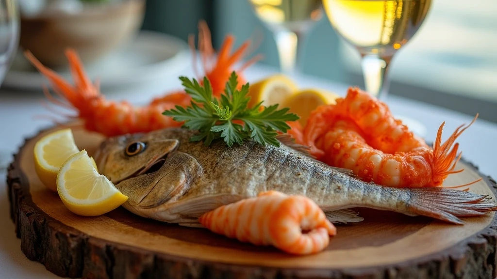 Frische Meeresfruechte-Platte mit Barramundi und Garnelen in Townsville Restaurant