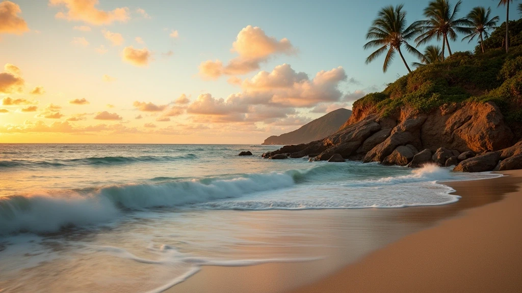 Goldene Stunde am Strand von Townsville mit Wellen, Felsenpool und Palmen