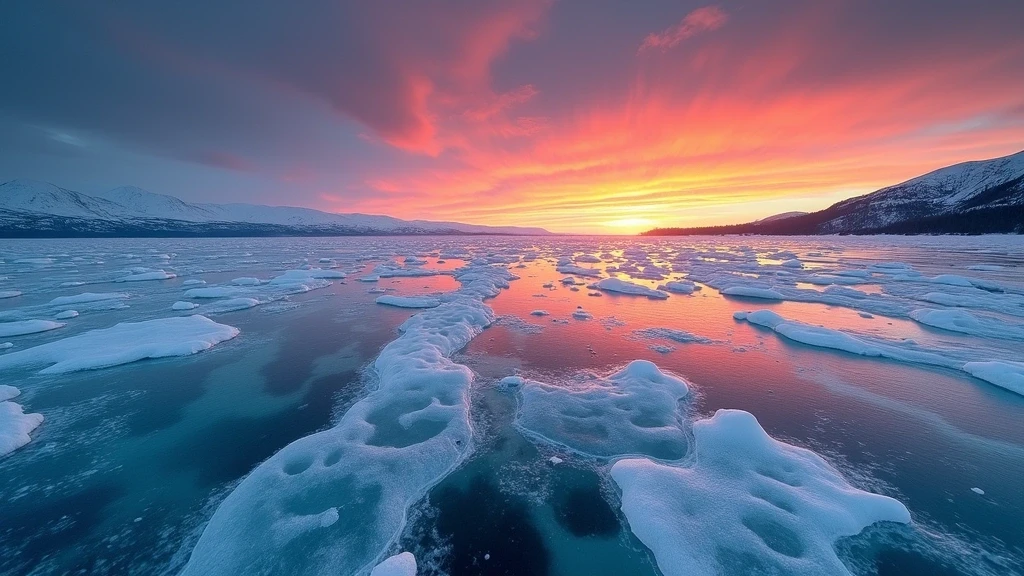 Sonnenuntergang ueber gefrorenem Baikalsee auf der Transsibirischen Route in Russland