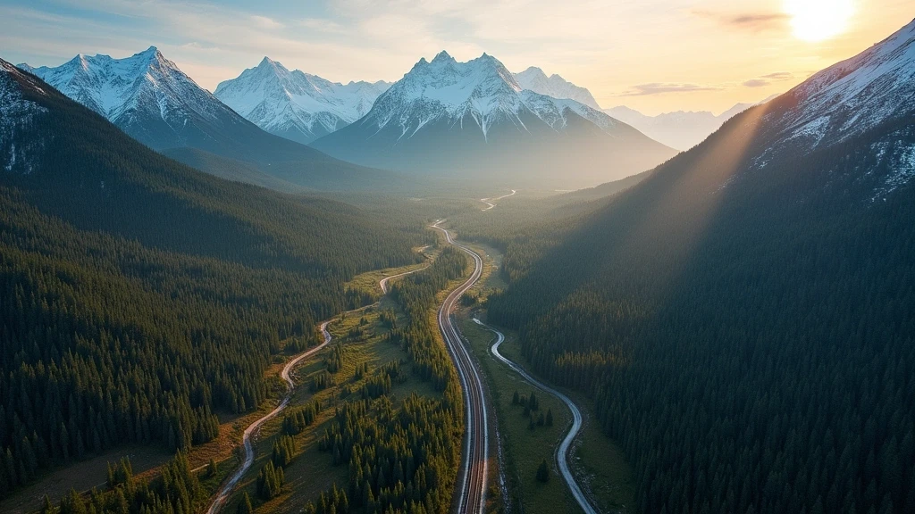 Luftaufnahme der Transsibirischen Route durch sibirische Taiga und Uralgebirge zur goldenen Stunde