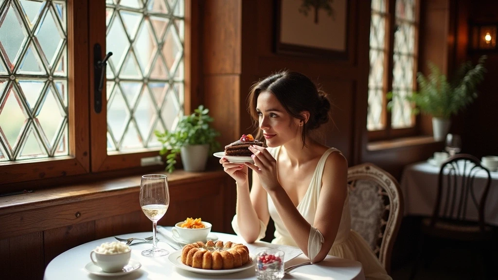 Elegante Frau genießt Schwarzwälder Kirschtorte in Triberg