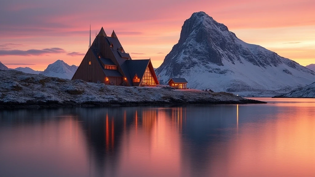 Arktische Kathedrale in Tromsø bei Sonnenuntergang - goldene Stunde mit Bergpanorama
