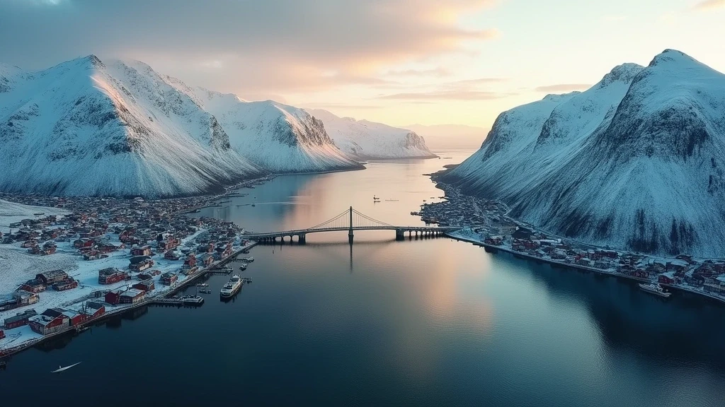Dramatische Luftaufnahme von Tromsø mit Lyngen-Alpen, Fjorden und der Tromsø-Brücke zur goldenen Stunde
