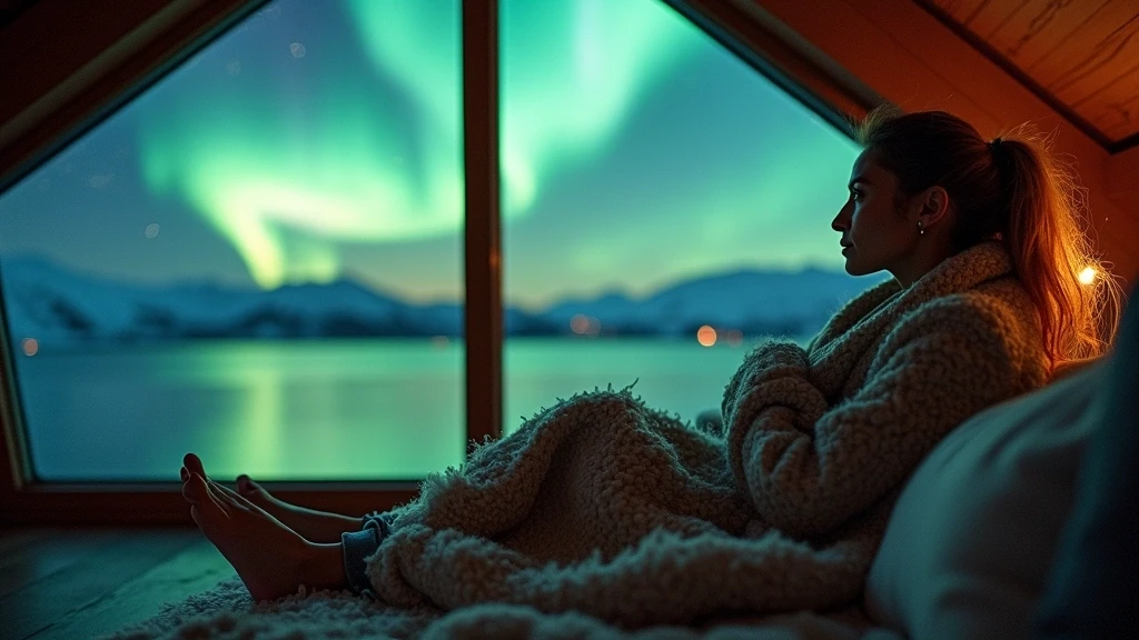 Stylisher Reisender beobachtet Nordlichter von Glasdach-Huette in Tromsø