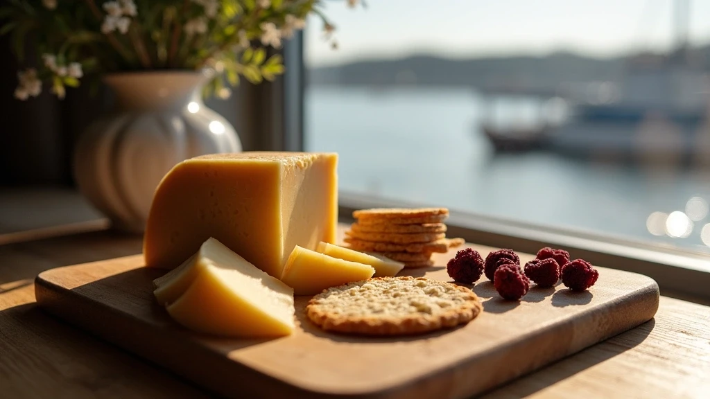 Traditioneller norwegischer Braunkase mit Moltebeeren auf Holzbrett in Trondheim Nahaufnahme