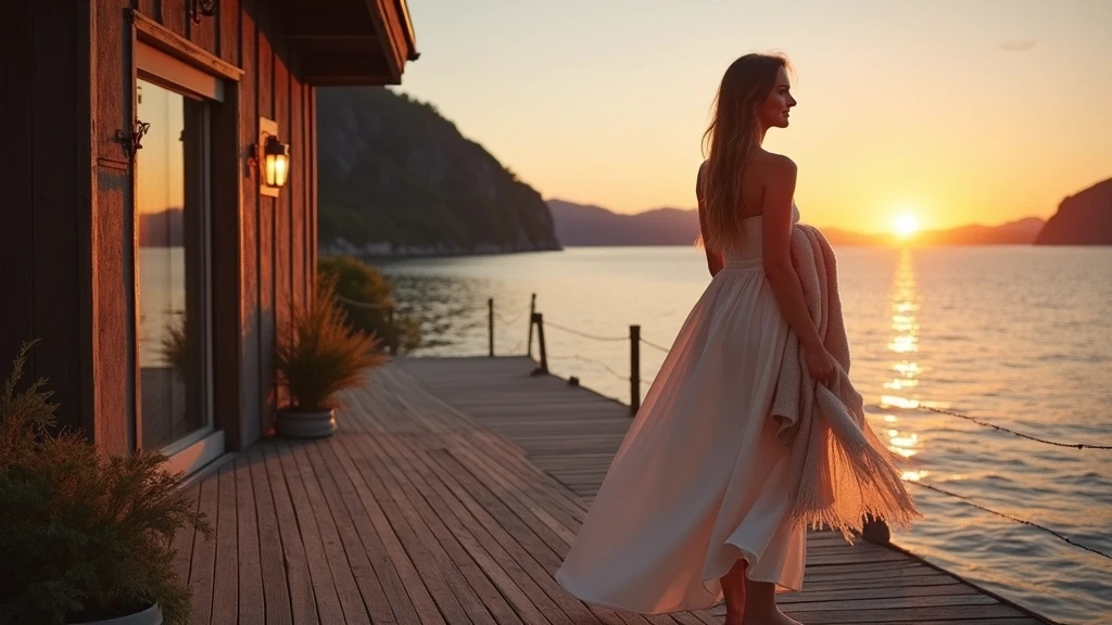 Elegante Frau geniesst Sonnenuntergang an Fjordhuette in Trondheim mit barfuss Luxus Feeling
