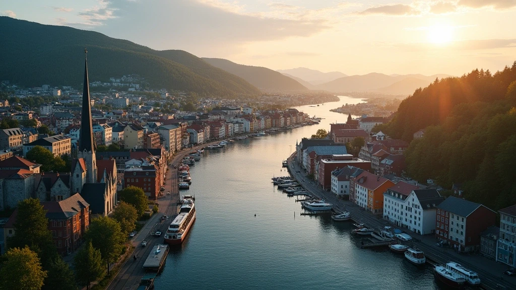 Luftaufnahme von Trondheim mit Nidelva Fluss, historischen Kaianlagen und Nidarosdom zur goldenen Stunde