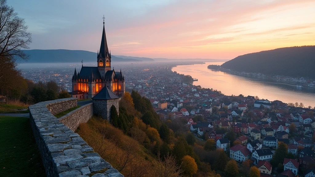 Panoramablick von Kristiansten Festung auf Trondheim mit Nidarosdom und historischen Holzhaeusern