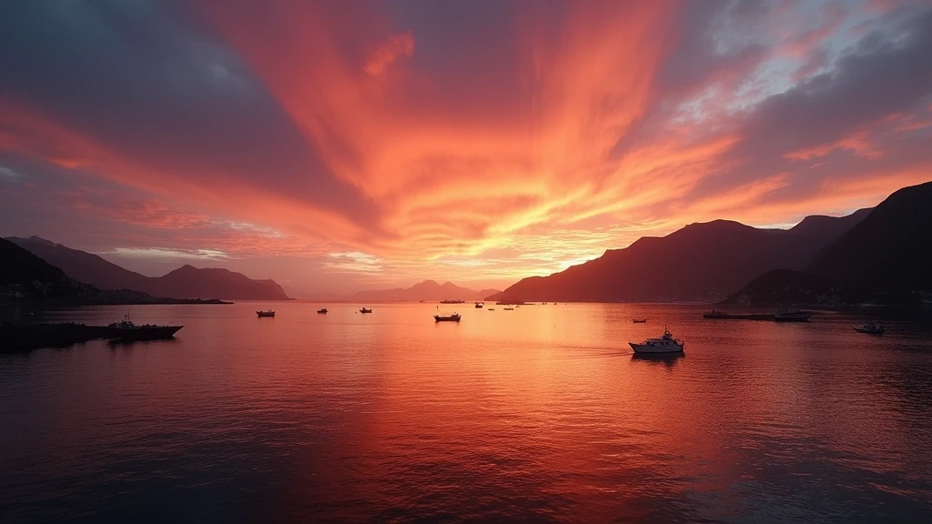 Sonnenuntergang ueber dem Trondheimsfjord mit farbenfrohem Himmel und spiegelglatter Wasseroberflaeche