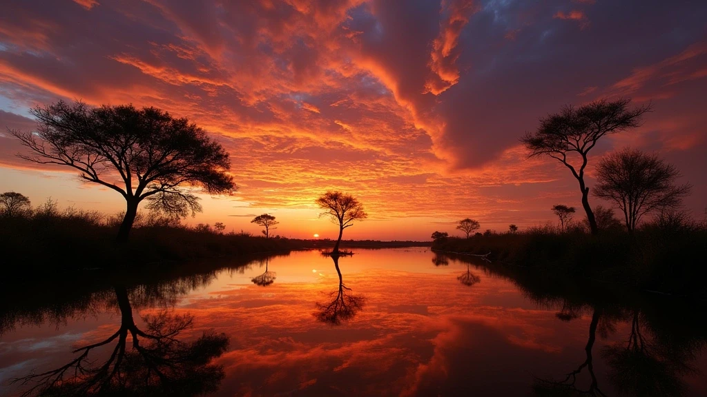 Dramatischer Sonnenuntergang ueber dem Okavango-Delta in Tubu Tree Camp, Botswana