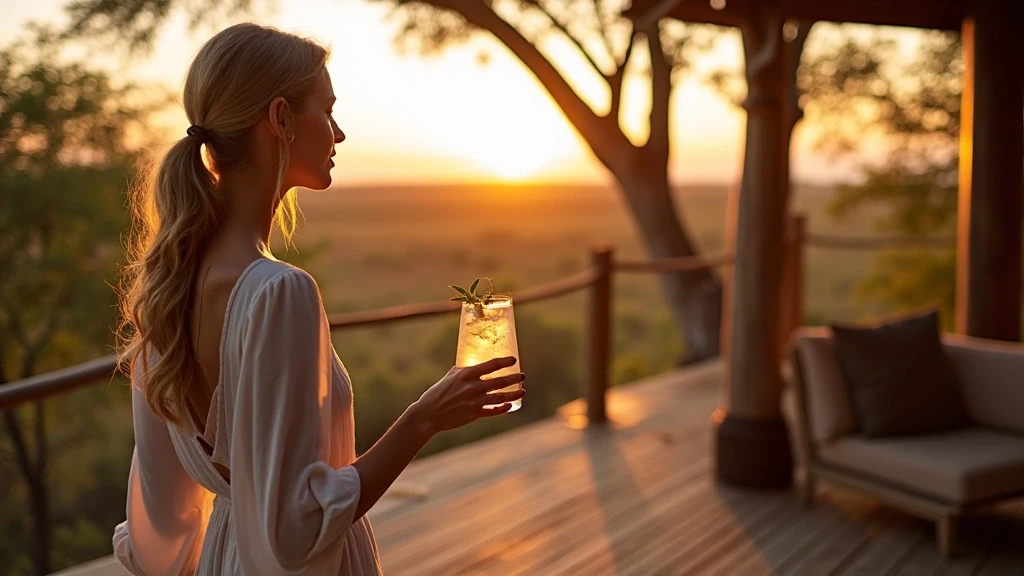 Elegante Reisende geniesst Sundowner auf der Baumhaus-Terrasse in Tubu Tree Camp