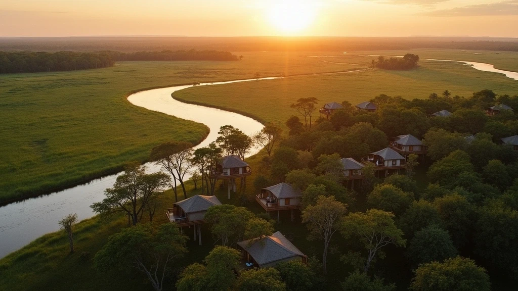 Luftaufnahme des Okavango-Deltas mit Tubu Tree Camp zur goldenen Stunde in Botswana