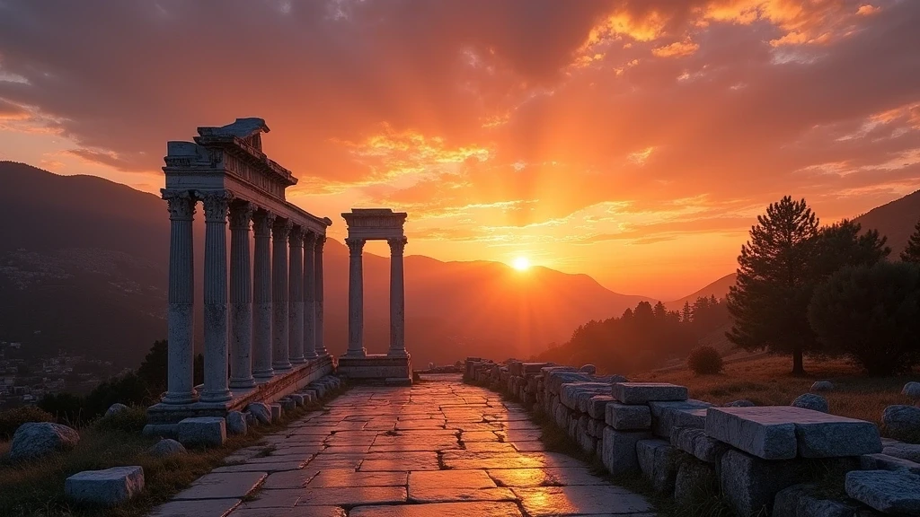 Sonnenuntergang über den antiken Ruinen von Ephesus in der Türkischen Ägäis, goldene Stunde