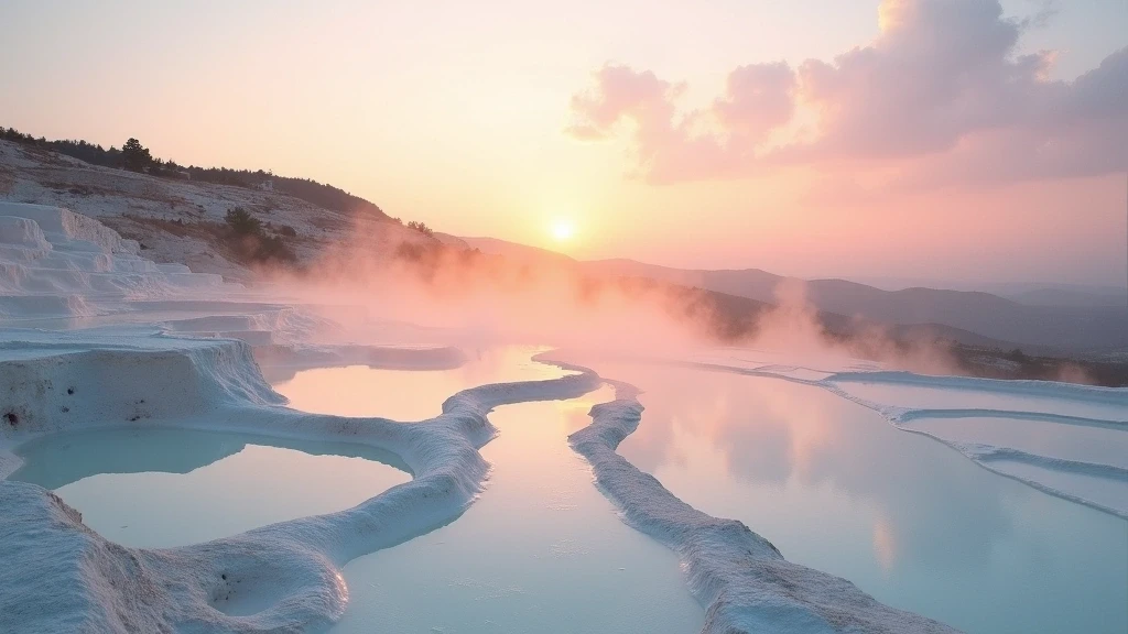 Panoramablick auf Pamukkales Travertinterrassen bei Sonnenaufgang in der Türkischen Ägäis