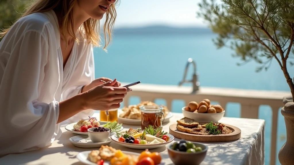Elegante Frau genießt traditionelles türkisches Frühstück mit Meze auf einer Terrasse in der Türkischen Ägäis