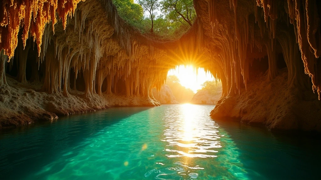 Sonnenuntergang ueber dem Gran Cenote in Tulum mit tuerkisfarbenem Wasser und Tropfsteinen