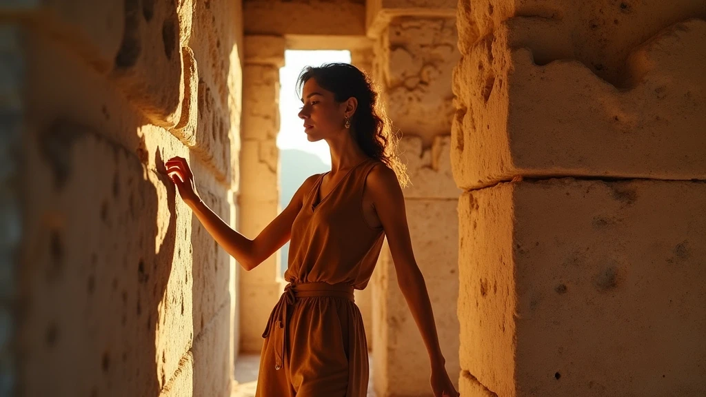 Stylisher Reisender erkundet Maya-Ruinen in Tulum zur goldenen Stunde mit Steinreliefs
