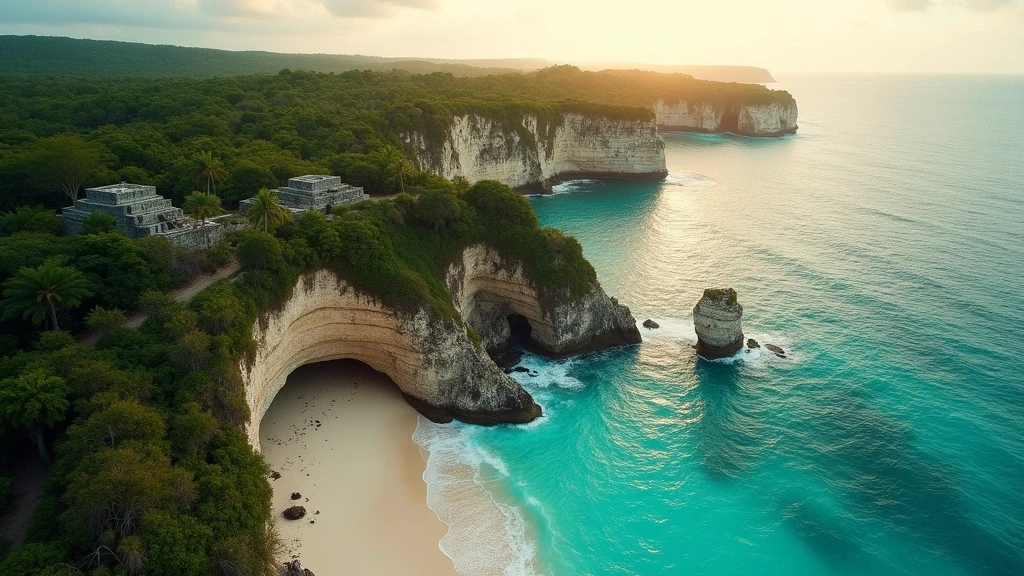 Luftaufnahme der antiken Maya-Ruinen von Tulum auf Klippen ueber dem tuerkisfarbenen Meer zur goldenen Stunde