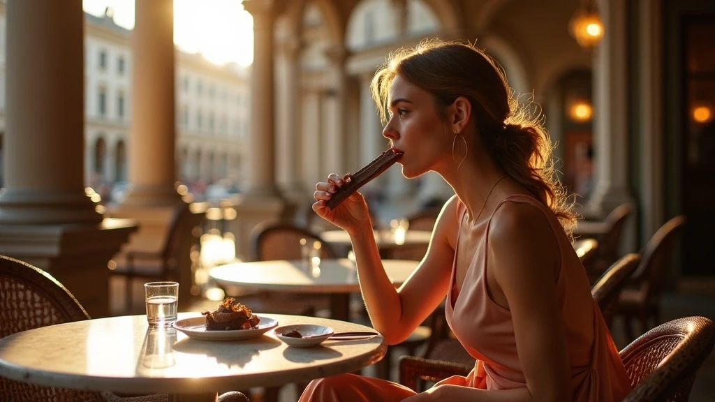 Elegante Frau geniesst Gianduiotto-Schokolade im historischen Cafe in Turin