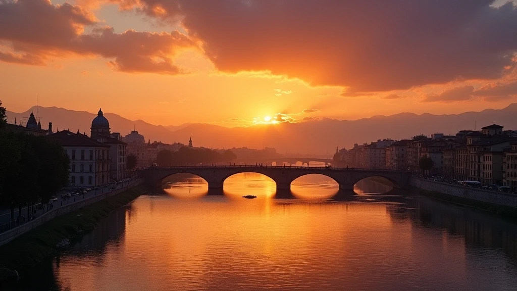 Sonnenuntergang ueber dem Po-Fluss in Turin mit Alpenpanorama