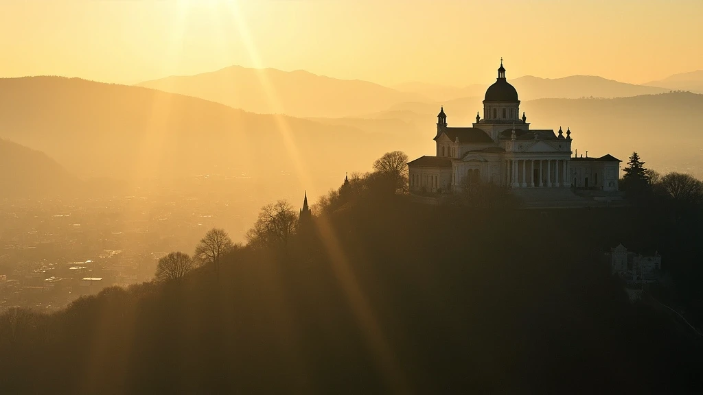 Goldene Stunde an der Superga-Basilika mit Blick auf Turin und Huegel