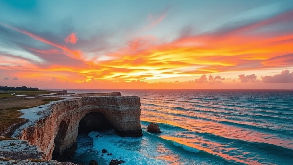 Sonnenuntergang ueber den Kreidefelsen von Turks & Caicos mit dramatischem Himmel