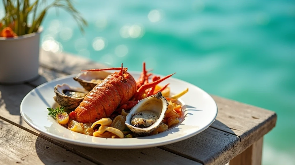 Gourmet-Meeresfruechte-Menue auf Holzplatte mit Blick auf die Bucht von Turks & Caicos