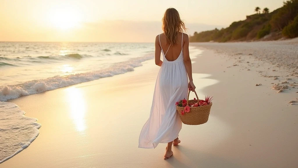 Elegante Frau am Strand von Turks & Caicos mit frischem Meeresfruechten bei Sonnenuntergang